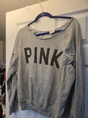 Victoria's Secret PINK Vintage Gray Logo Wide Neck Lightweight Sweatshirt
